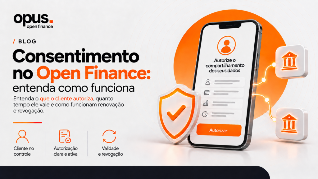 Ilustração de celular com autorização para compartilhar dados entre instituições, acompanhada do título “Consentimento no Open Finance: entenda como funciona”.